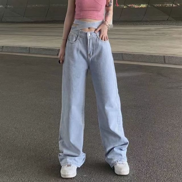 Everose-Mid Rise Washed Tie Back Wide Leg Jeans