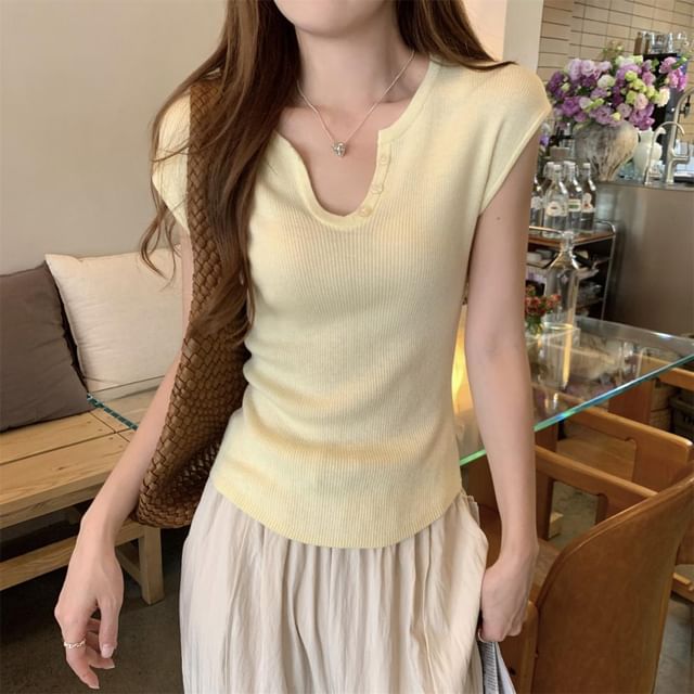 OGAWA-Cap Sleeve V-Neck Plain Knit Top