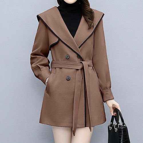 Contrast Trim Sailor Collar Double-Breasted Coat