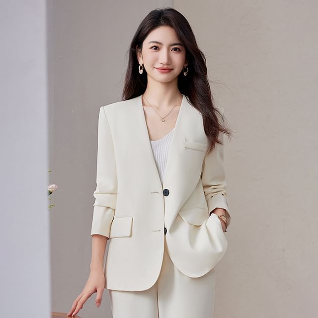 Skyheart-Collarless Plain Single Breasted Blazer Mid Waist Plain Straight Leg Suit Pants Set
