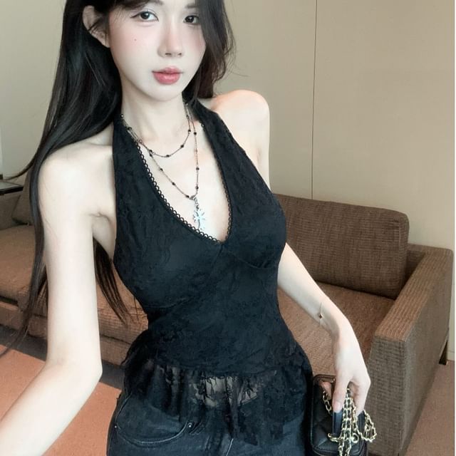 Whoosh-Halter Neck Lace Asymmetrical Top