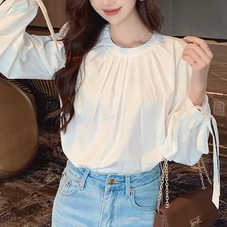 Dragan Pulse-Long-Sleeve Crew Neck Plain Pleated Tie-Cuff Blouse