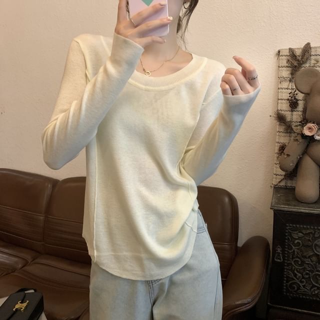 Dragan Pulse-Long-Sleeve Crewneck Plain Knit Top