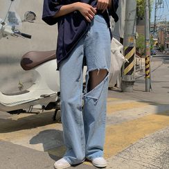 MERONGSHOP - Slit Distressed Wide-Leg Jeans MERONGSHOP - Slit Distressed Wide-Leg Jeans