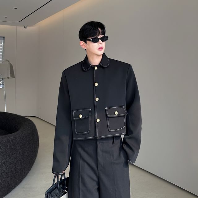Freehop-Collared Contrast Stitched Button-Up Jacket