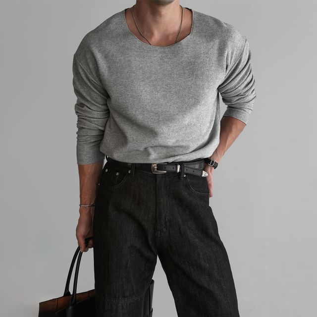 Okwano-Long Sleeve Round Neck Plain Knit Top