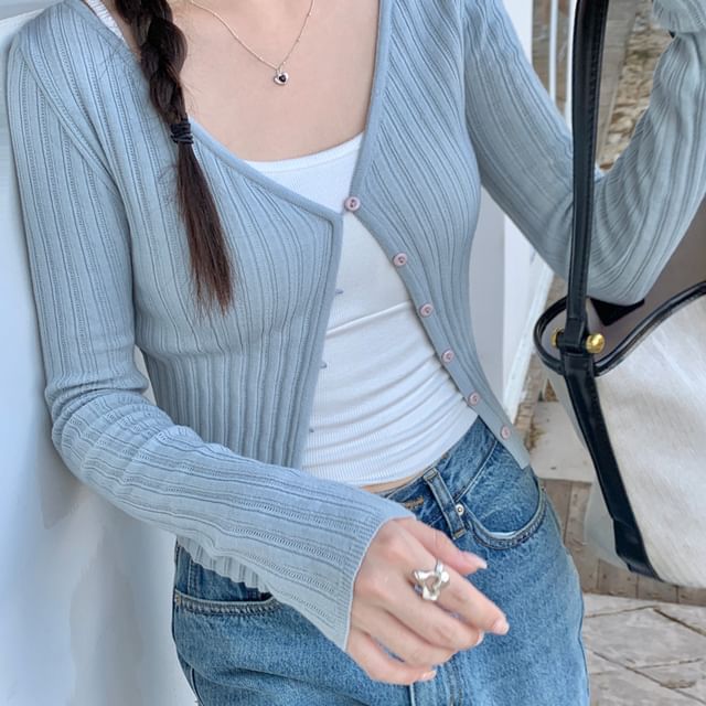 Beem-V-Neck Button-Up Plain Crop Cardigan