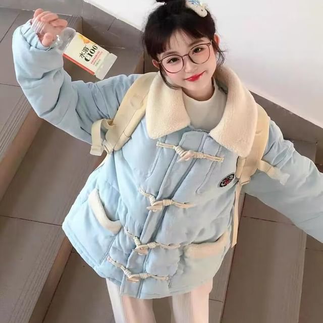 PANDAGO-Lapel Collar Plain Toggle Puffer Jacket