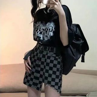 Hevnir High Waist Checkerboard Asymmetrical Denim Mini Skirt