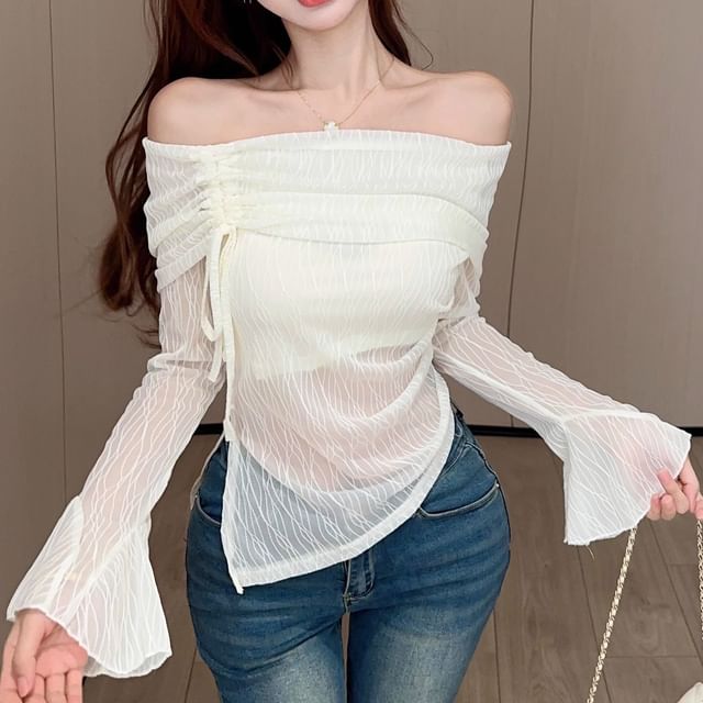 Moon City-Off-The-Shoulder Long-Sleeve Plain Mesh Top