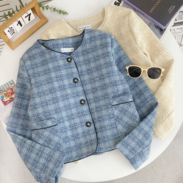 Iasia-Plaid Tweed Button-Up Jacket