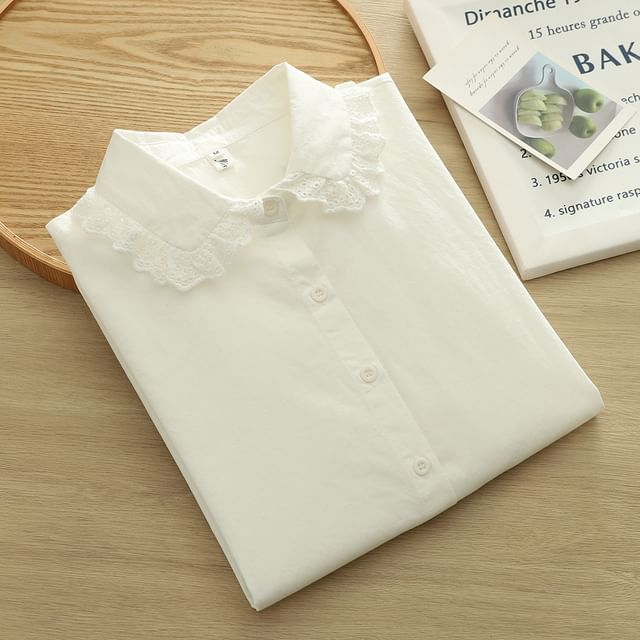 PANDAGO-Long Sleeve Frill Collar Blouse