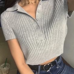 Genrovia - Short-Sleeved Knit Crop Polo Shirt