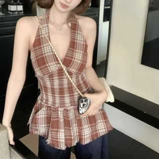 Beem-Halter-Neck Plaid Top