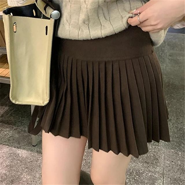 Asiris-High Rise Plain Mini Pleated Skirt