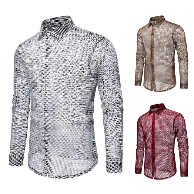 Blueforce-Long Sleeve Collared Glitter Mesh Button Down See-Through Shirt