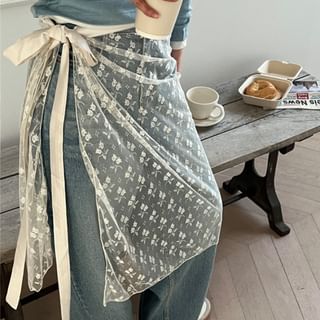 MIKIGA Tie Waist Plain Lace Midi A Line Skirt