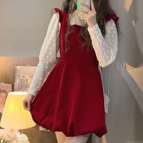 Mock Two-Tone Puff-Sleeve High Neck Lace Panel Mini A-Line Dress