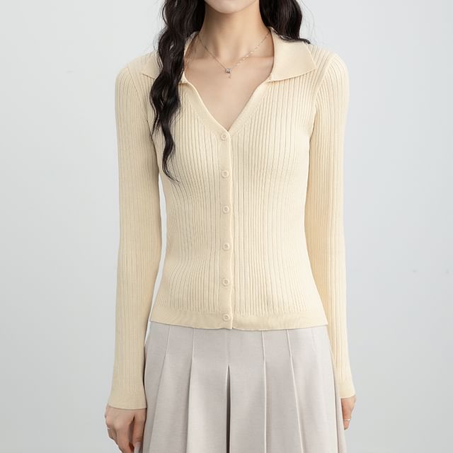Magimomo-Collared V-Neck Plain Ribbed Cardigan