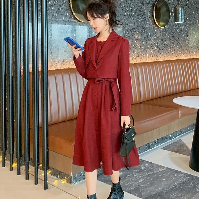 knee length dresses for ladies Elegant Velvet Long Coat Dress P300 main image 1