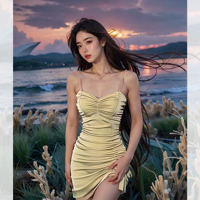 Lexama-Spaghetti Strap Plain Ruched Mini Bodycon Dress