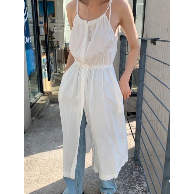 SeoulPop-Spaghetti Strap Plain Midi Dress