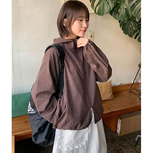 SeoulPop-Check Zip-Up Hooded Light Jacket