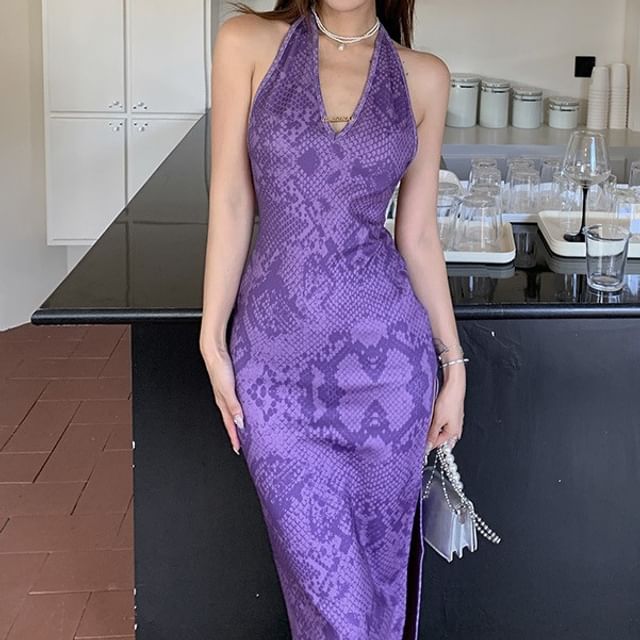 Caarnil - Halter Snakeskin Print Slit Maxi Sheath Dress | YesStyle Caarnil - Halter Snakeskin Print Slit Maxi Sheath Dress | YesStyle