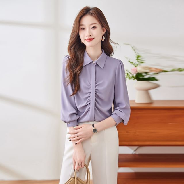 Skyheart-Long Sleeve Collared Plain Ruched Shirt