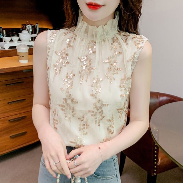 Dragan Pulse-Sleeveless Mock Neck Sequin Blouse
