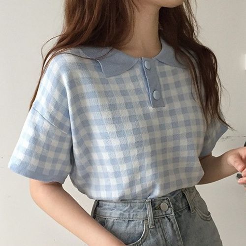 indre Rejse hul Muezz - Short-Sleeve Gingham Knit Cropped Polo Shirt | YesStyle
