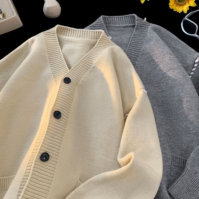 Bay Go Mall-V-Neck Plain Button-Up Cardigan