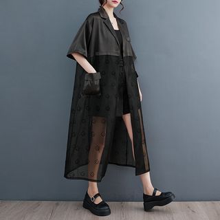 Aurikobe Elbow-Sleeve Floral Mesh Panel Long Shirt Sale