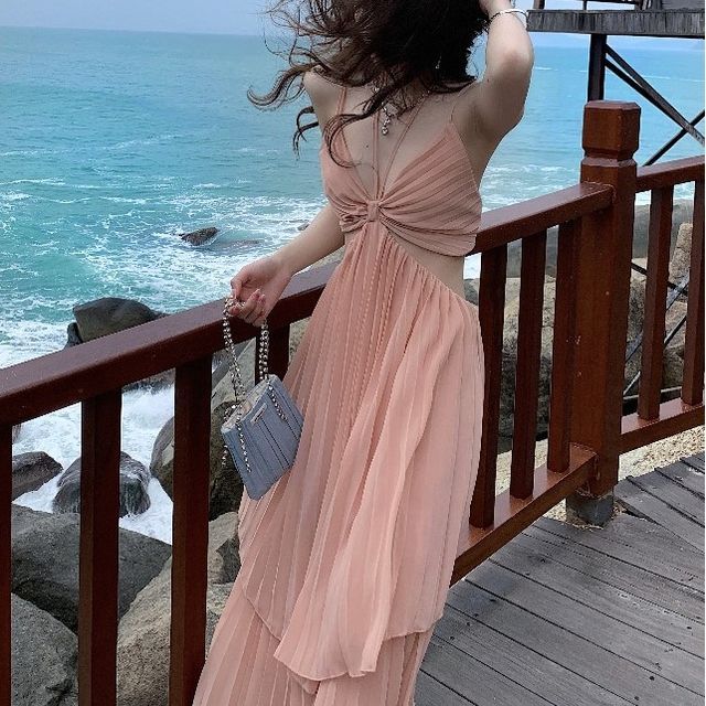 Shinsei - Spaghetti Strap V-Neck Plain Accordion Pleated Cutout Maxi A-Line  Dress | YesStyle