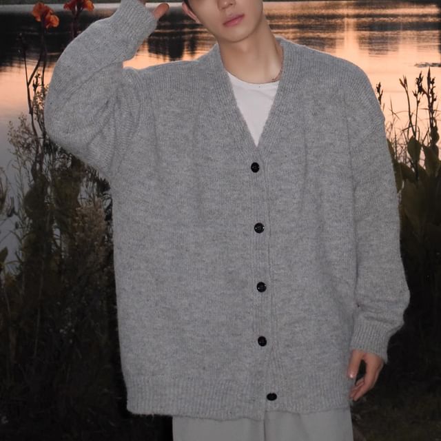 DragonRoad-V-Neck Plain Button-Up Cardigan