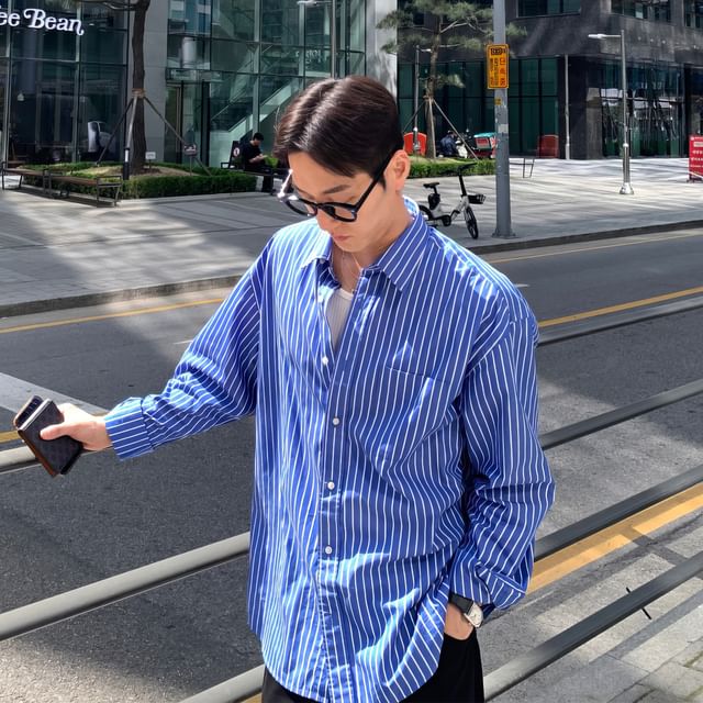 Okwano-Long Sleeve Collared Striped Shirt