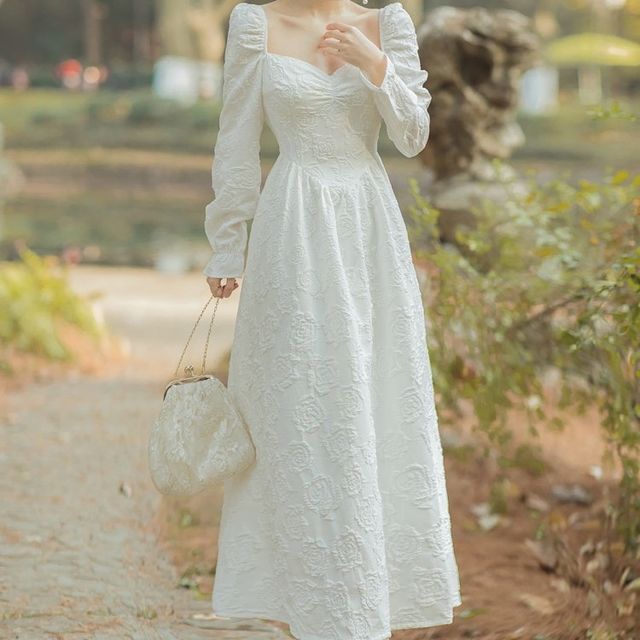 white christmas dresses Shop Blush Midi Corset Dress with 3D Flower Sleeves, Womens Formal Dress with Slit, Wedding Guest Dress, Cocktail Party Outfit, Womens Clothing - main image 0