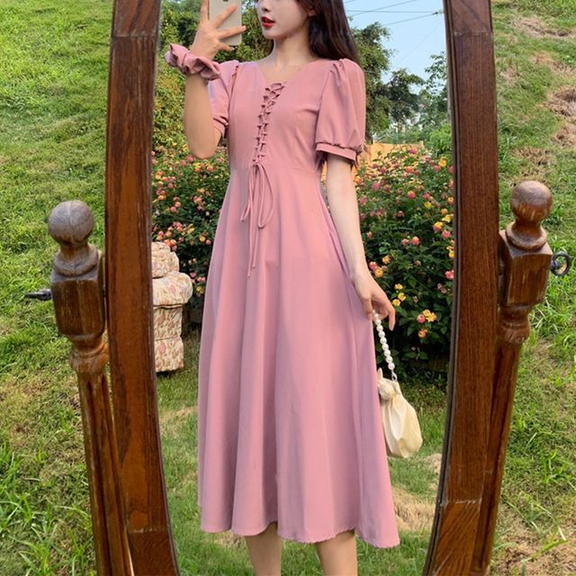 Parimoske - Puff-Sleeve Lace-Up Midi A-Line Dress | YesStyle Parimoske - Puff-Sleeve Lace-Up Midi A-Line Dress | YesStyle