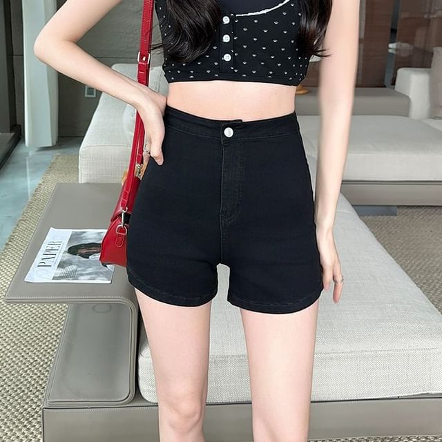 Denimot-High Waist Plain Denim Shorts