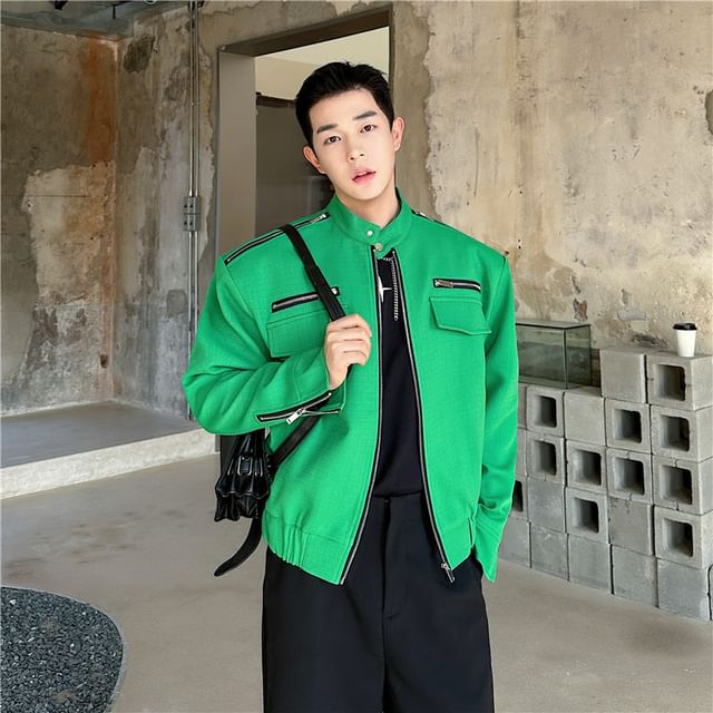 Omozando-Stand Collar Plain Multi-Zip Jacket