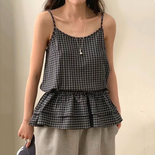 ISSOL-Plaid Peplum Cami Top