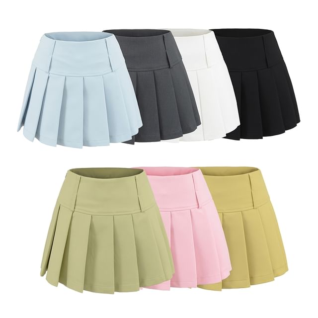 Ulark-High Waist Plain Pleated Mini A-Line Skirt