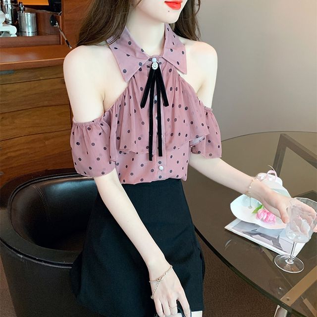 Everose-Cold-Shoulder Dotted Ruffle Blouse