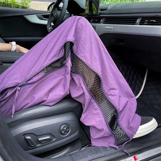 Whyessa-Mid Rise Mesh Panel Wide Leg Pants