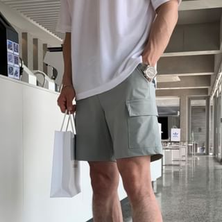 mopagrati-Drawstring Waist Plain Cargo Shorts