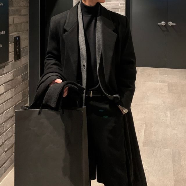 Omozando-Notch Lapel Plain Midi Single-Breasted Coat