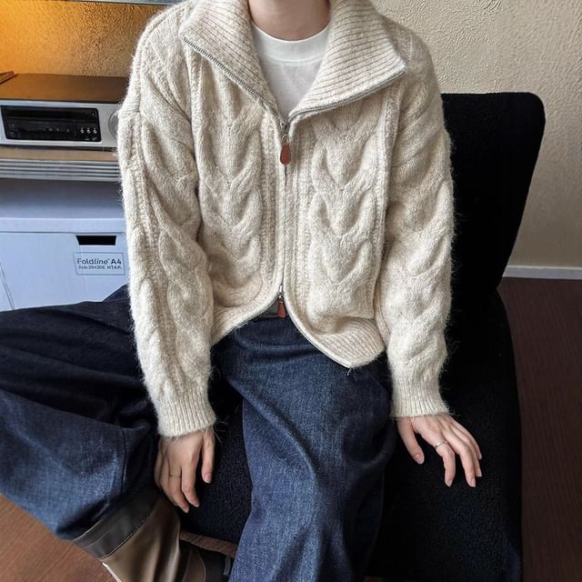Beaustreet-Drop Shoulder Plain Cable Knit Zip Up Cardigan