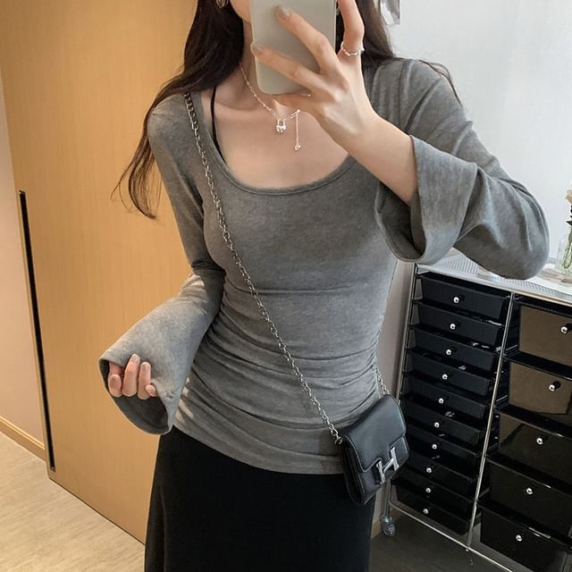KUMI-Flared-Sleeve Scoop Neck Plain T-Shirt