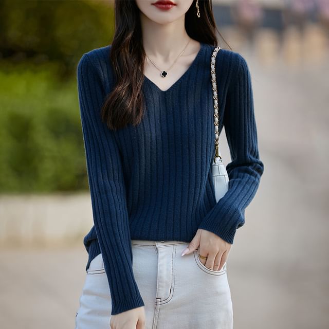 INEN-V-Neck Plain Ribbed Sweater