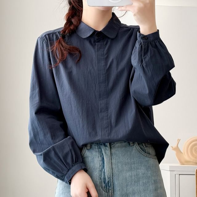 Suzette-Long Sleeve Collared Plain Button Shirt